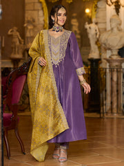 Purple Embroidered A-Line Kurta Trousers With Dupatta set