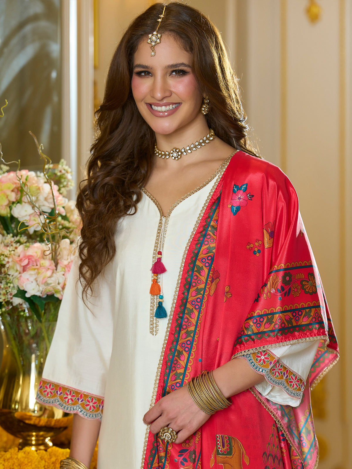 White Embroidered Straight Kurta Trousers With Dupatta set