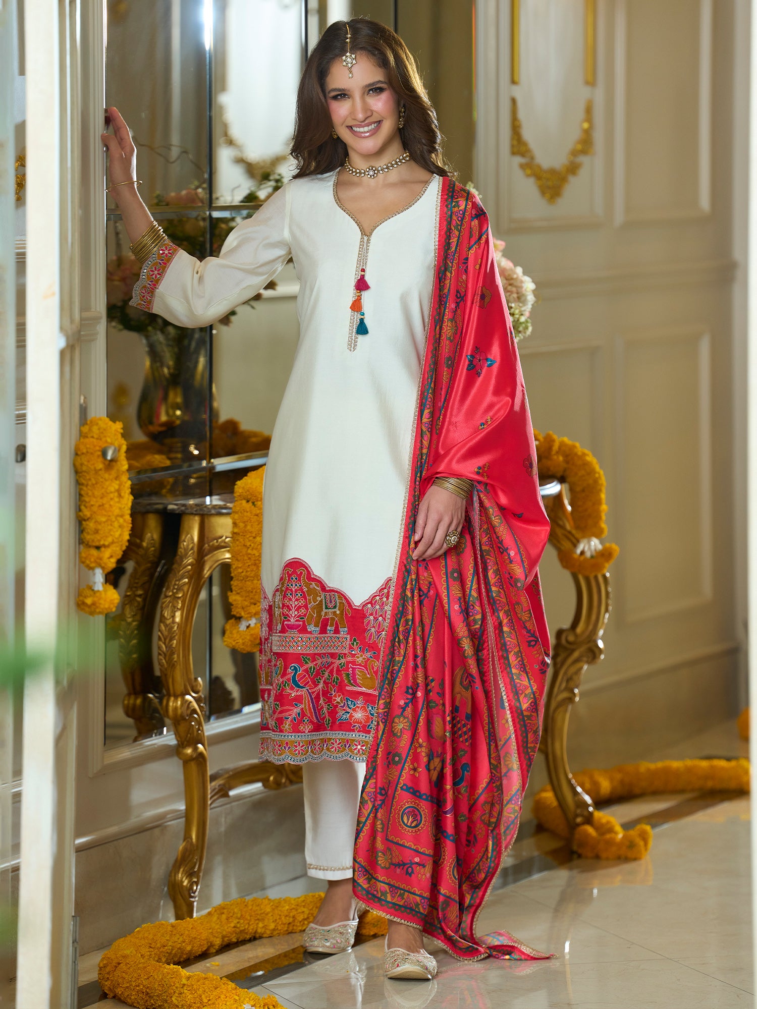 White Embroidered Straight Kurta Trousers With Dupatta set