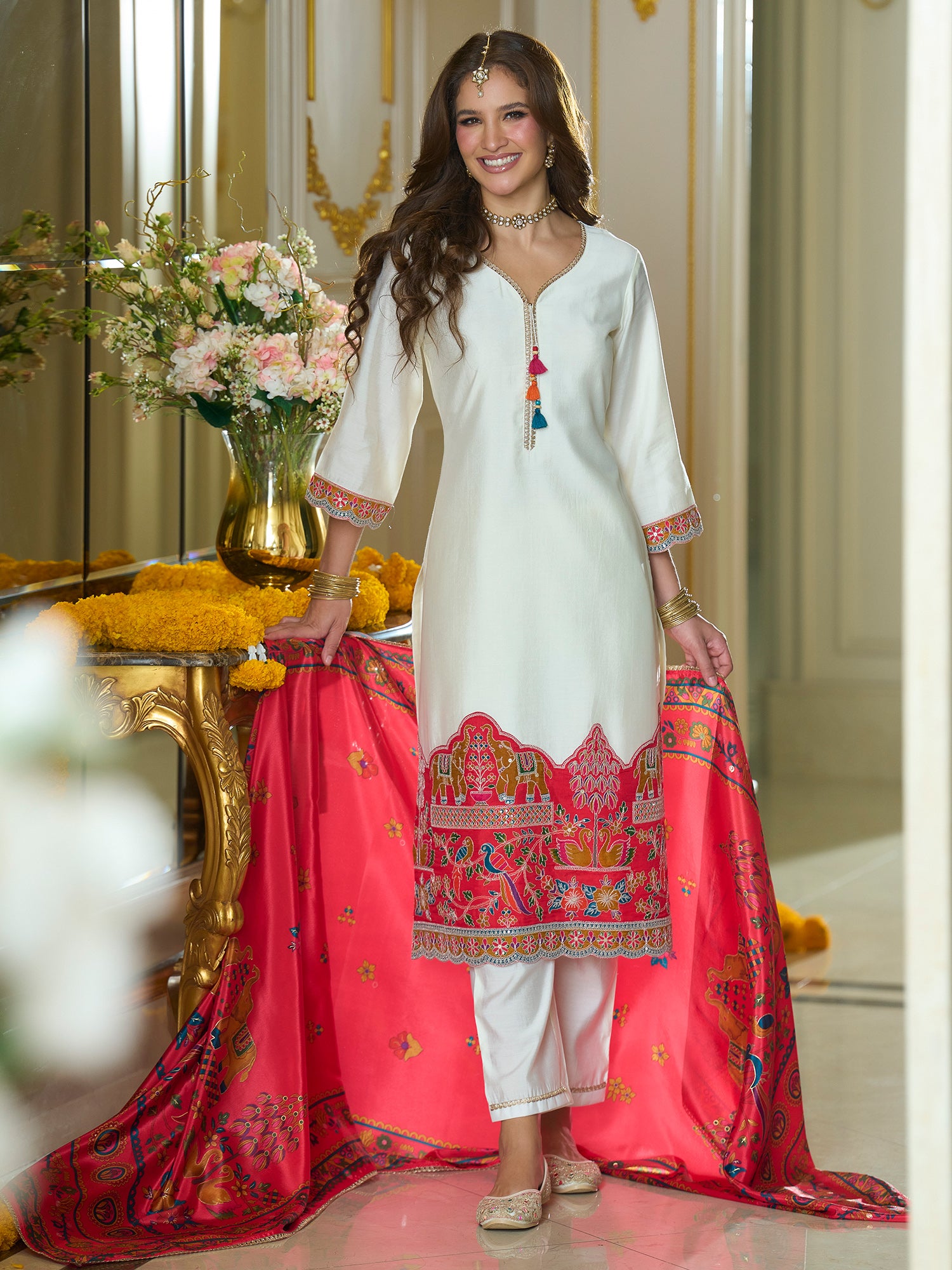 White Embroidered Straight Kurta Trousers With Dupatta set