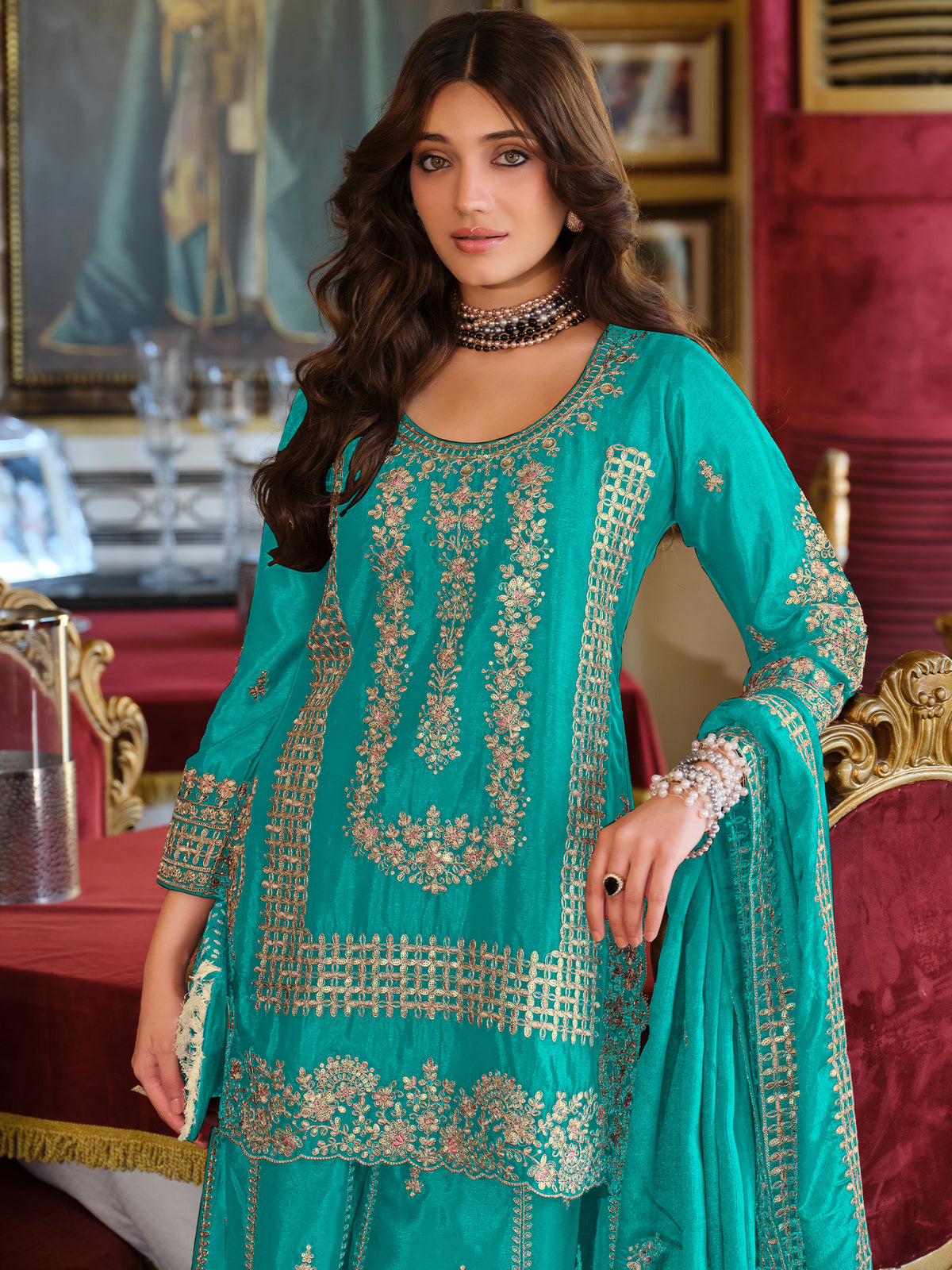 Indo Era - Teal Embroidered Straight Kurta Palazzos With Dupatta set (Copy)