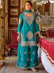 Teal Embroidered Straight Kurta Palazzos With Dupatta set
