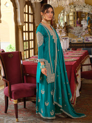 Teal Embroidered Straight Kurta Palazzos With Dupatta set