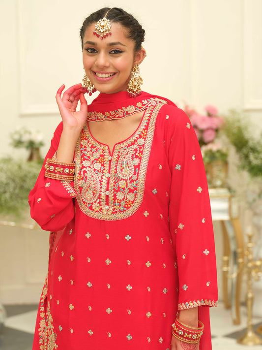 Red Embroidered Straight Kurta Palazzos With Dupatta set