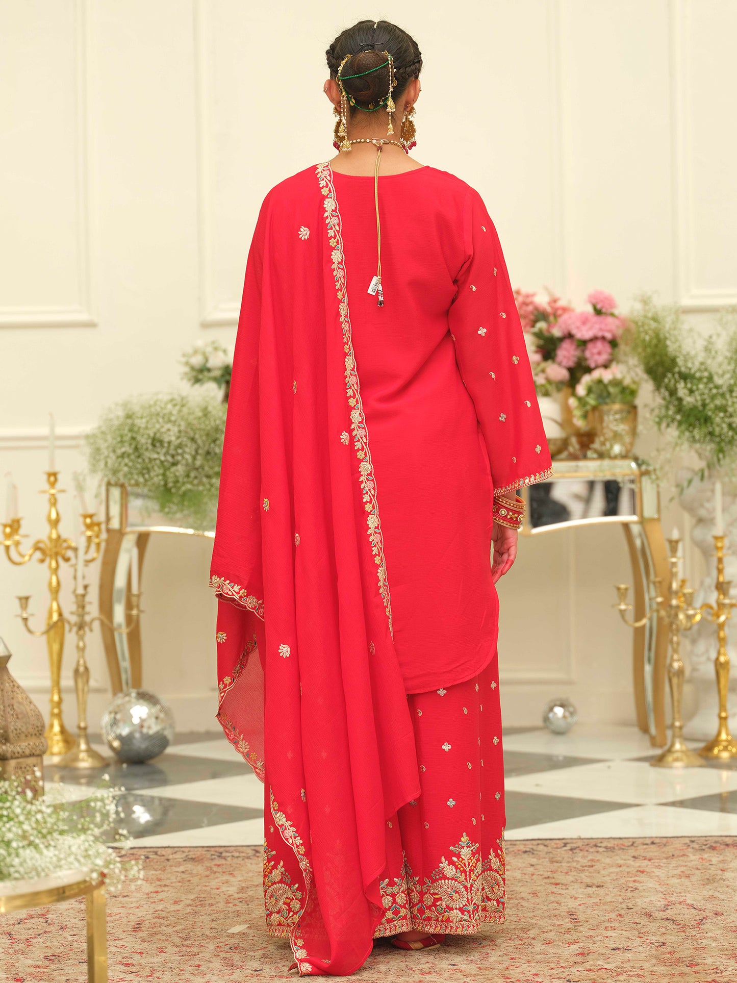 Red Embroidered Straight Kurta Palazzos With Dupatta set