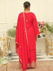 Red Embroidered Straight Kurta Palazzos With Dupatta set