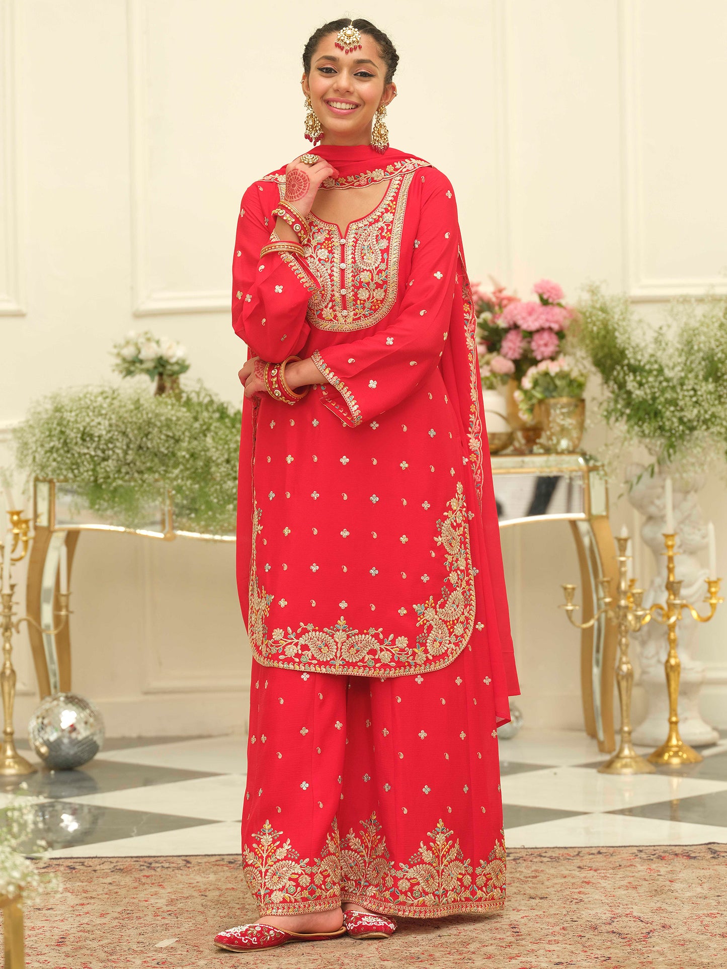 Red Embroidered Straight Kurta Palazzos With Dupatta set
