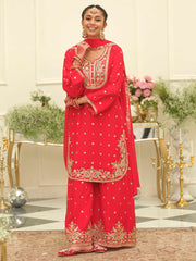 Red Embroidered Straight Kurta Palazzos With Dupatta set