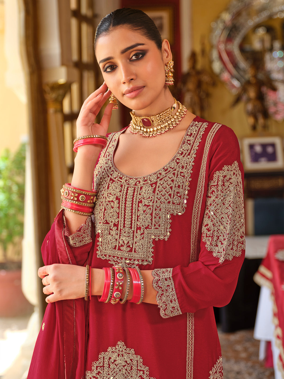 Red Embroidered Straight Kurta Palazzos With Dupatta set