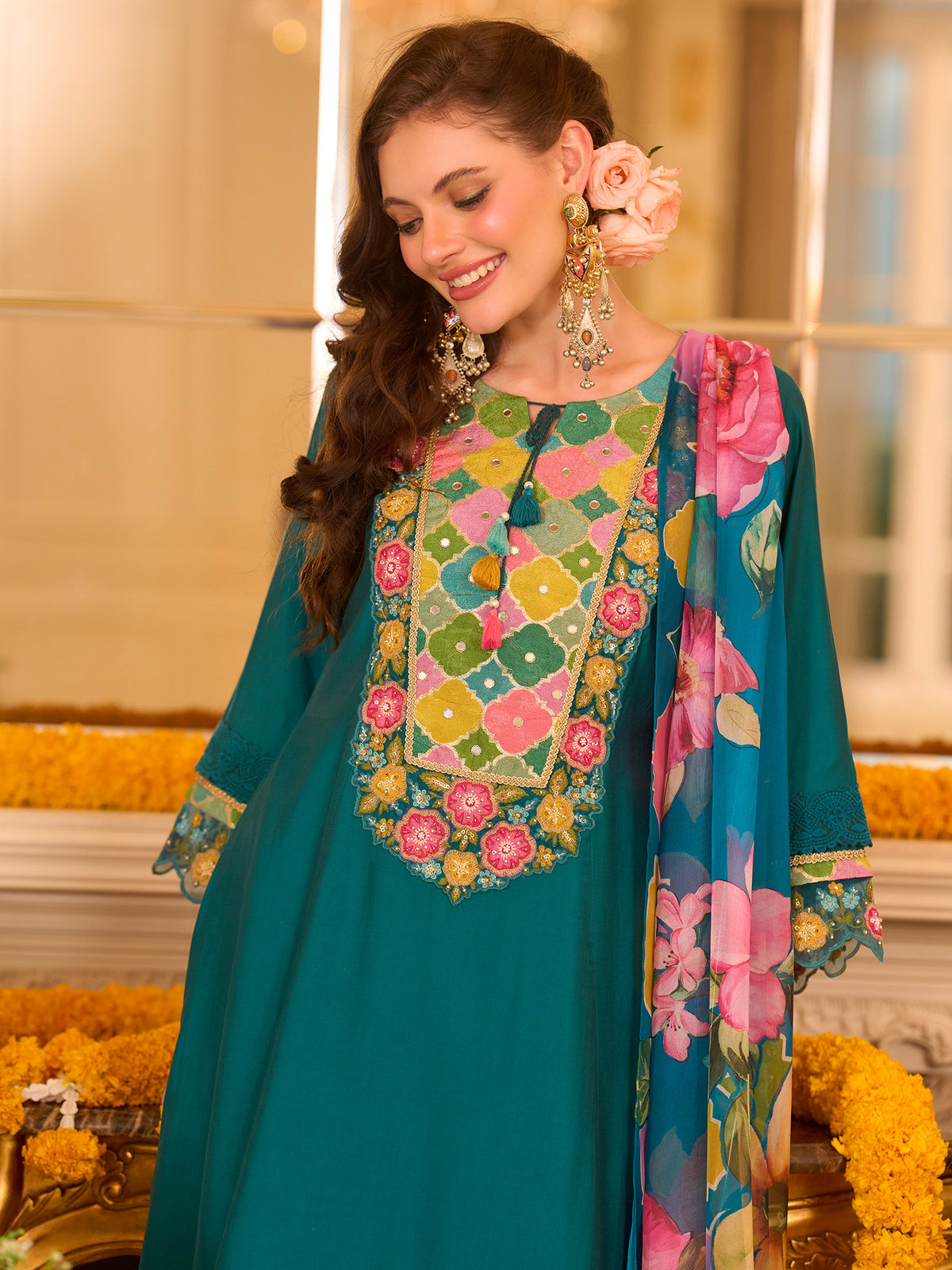 Teal Embroidered A-Line Kurta Trousers With Dupatta set-KH9TL12377