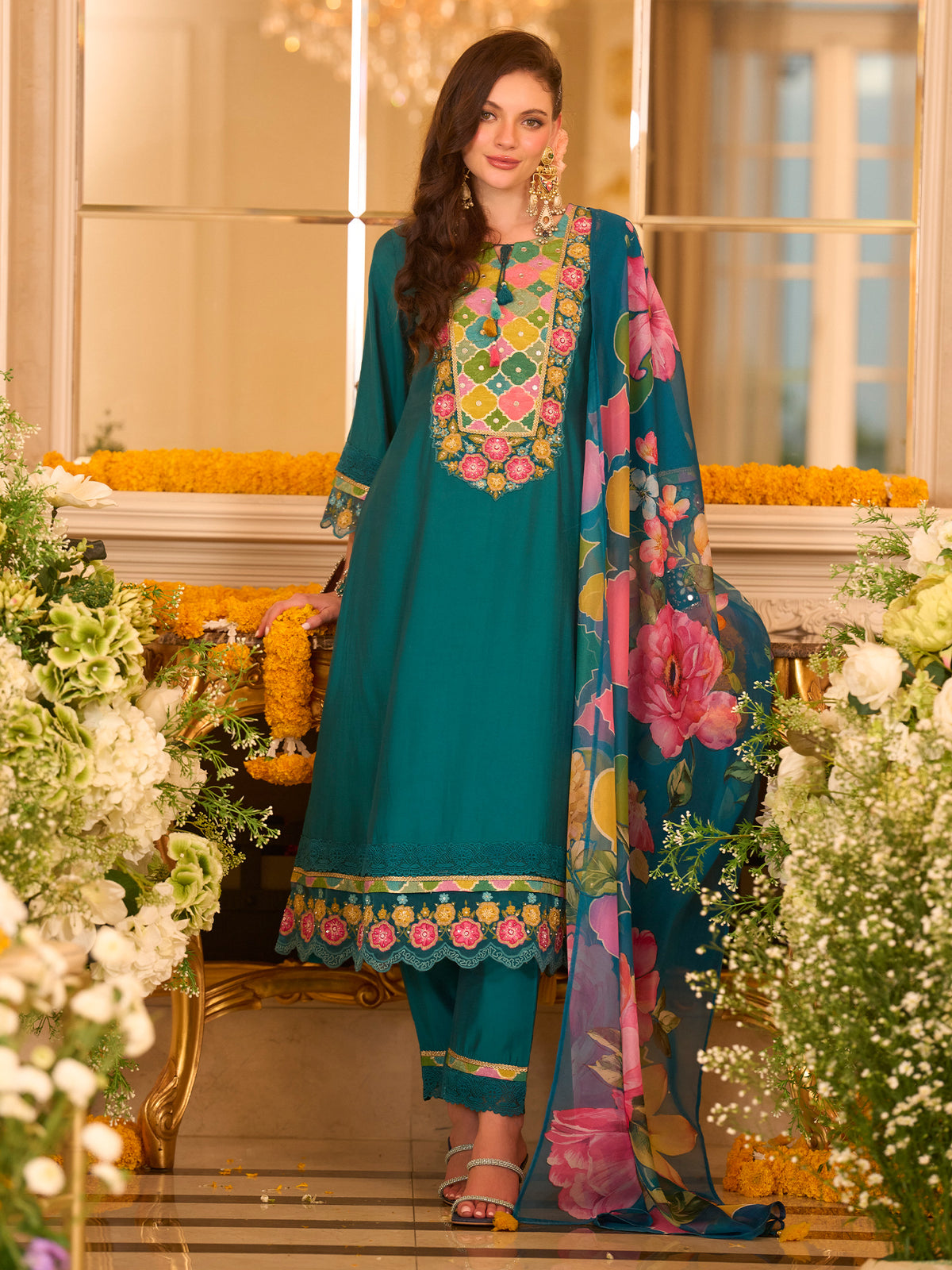 Teal Embroidered A-Line Kurta Trousers With Dupatta set-KH9TL12377
