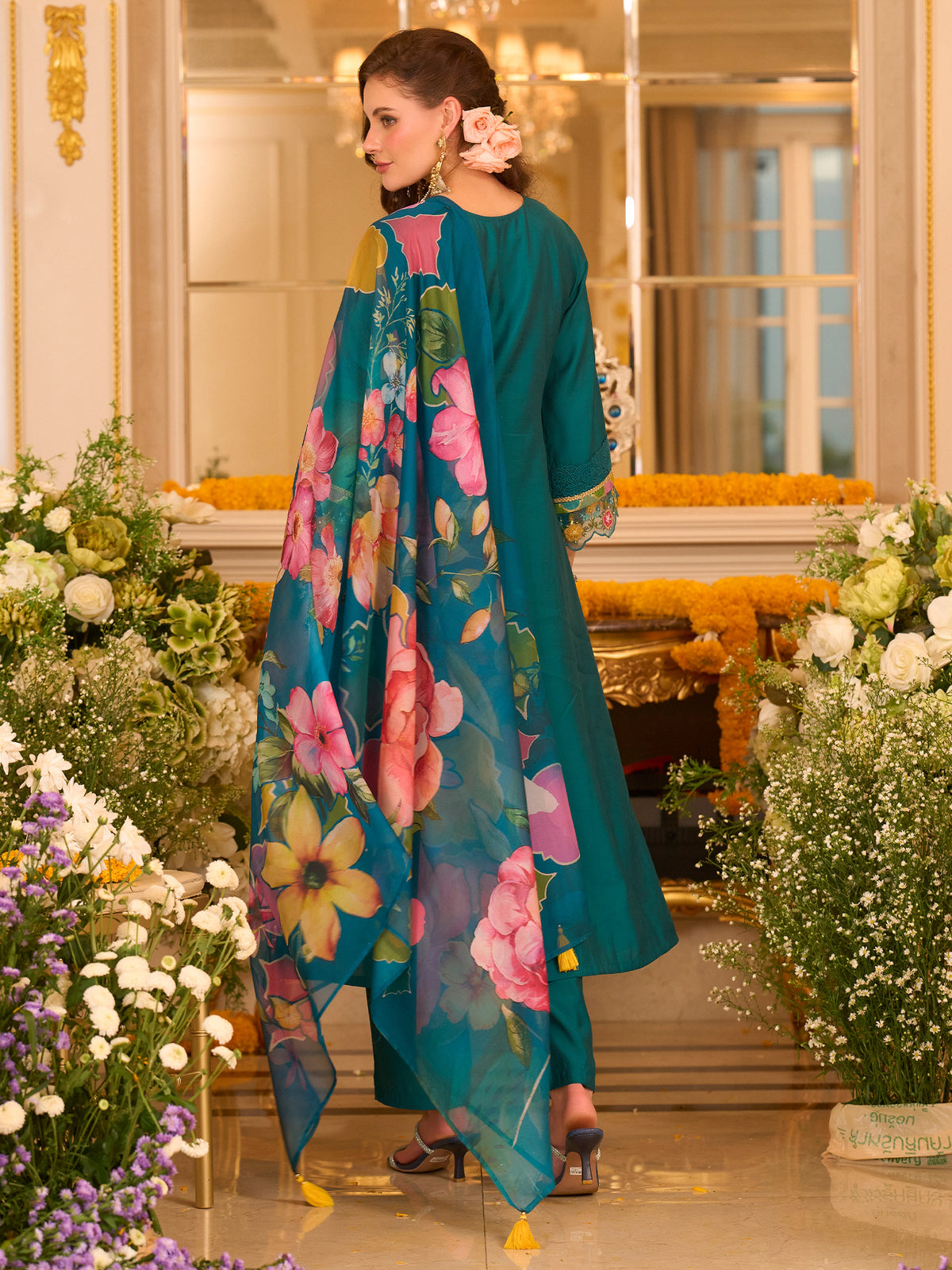 Teal Embroidered A-Line Kurta Trousers With Dupatta set-KH9TL12377