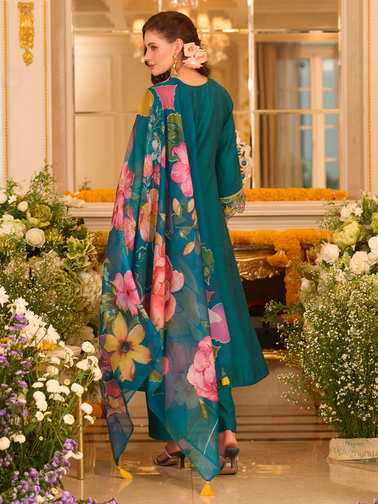 Teal Embroidered A-Line Kurta Trousers With Dupatta set-KH9TL12377