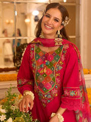 Pink Embroidered A-Line Kurta Trousers With Dupatta set