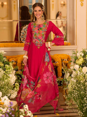Pink Embroidered A-Line Kurta Trousers With Dupatta set