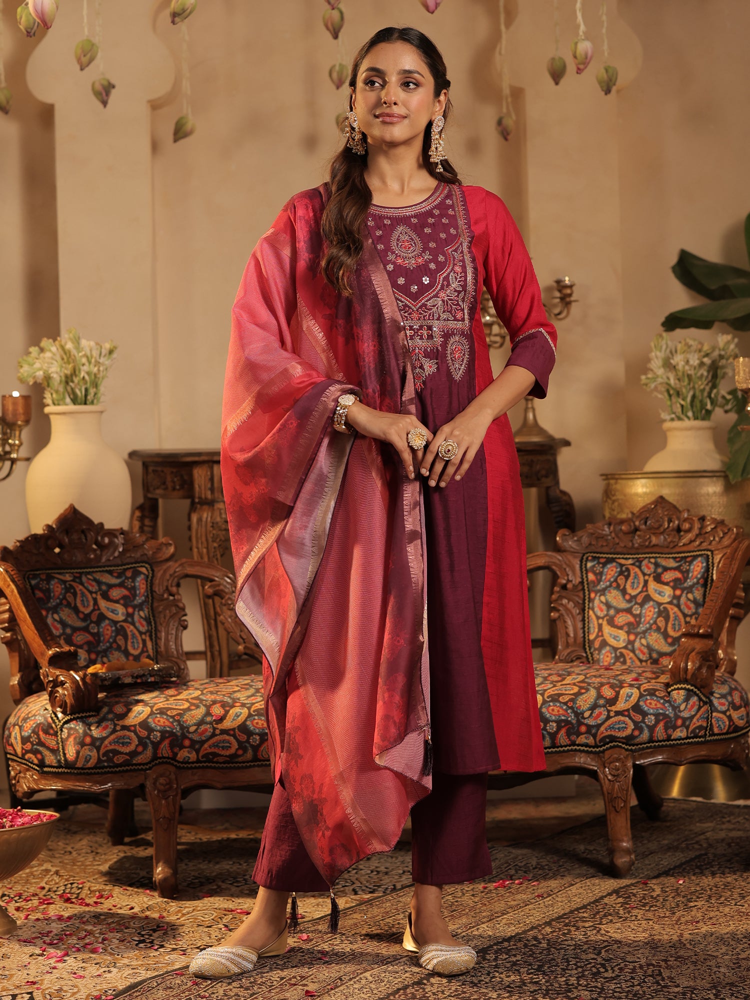 Pink Embroidered Straight Kurta Trousers With Dupatta Set