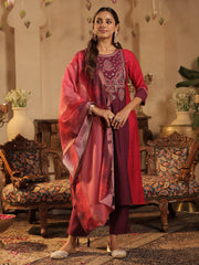 Pink Embroidered Straight Kurta Trousers With Dupatta Set