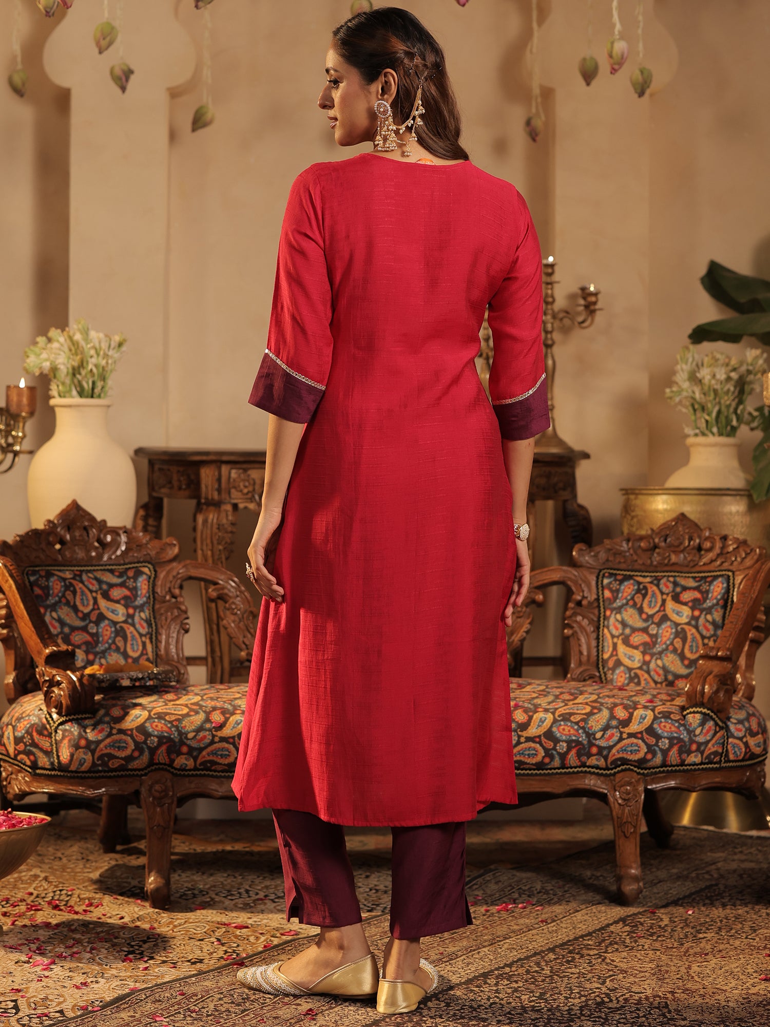Pink Embroidered Straight Kurta Trousers With Dupatta Set