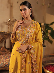 Mustard Embroidered Straight Kurta Palazzos With Dupatta Set
