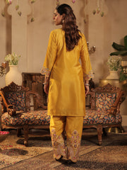 Mustard Embroidered Straight Kurta Palazzos With Dupatta Set
