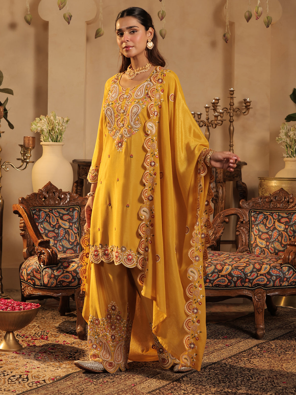 Mustard Embroidered Straight Kurta Palazzos With Dupatta Set