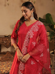 Pink Embroidered A-Line Kurta Trousers With Dupatta Set