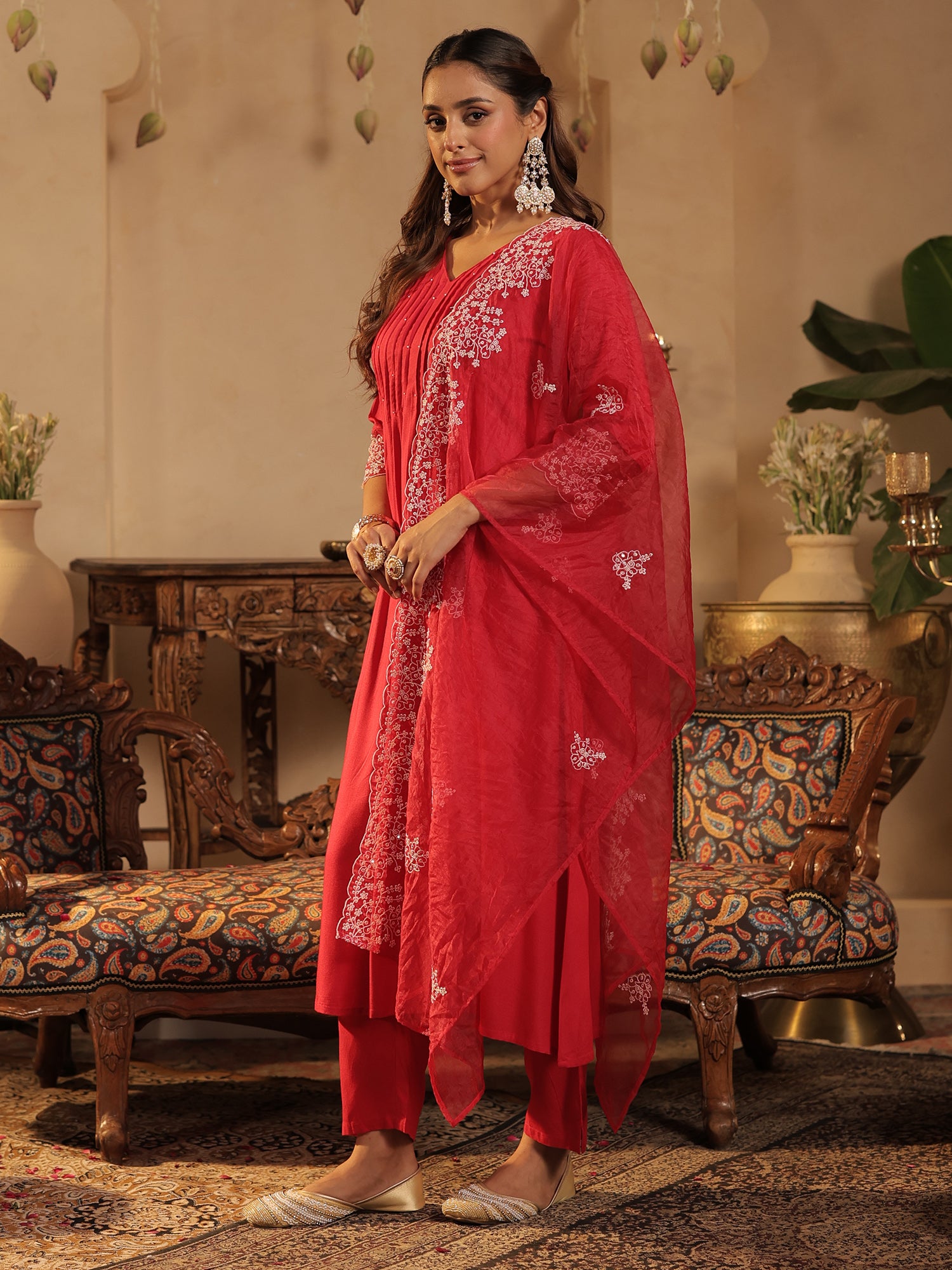 Pink Embroidered A-Line Kurta Trousers With Dupatta Set