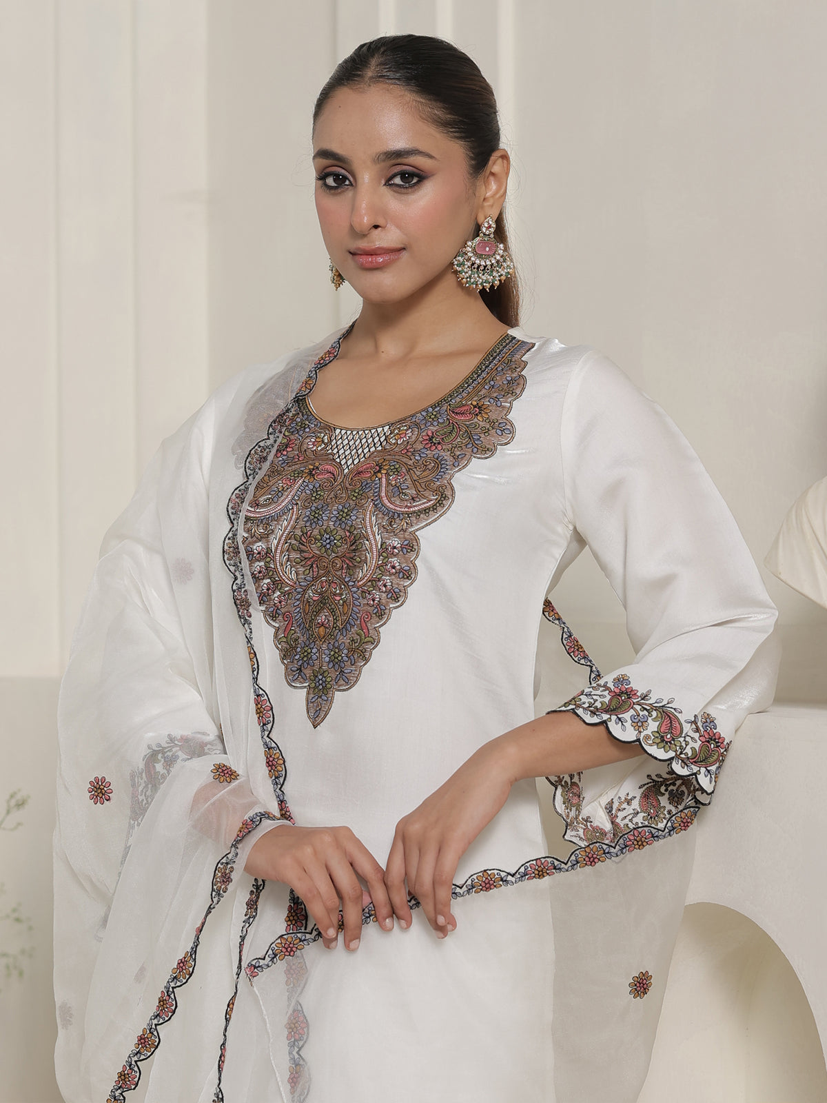 Off White Embroidered Straight Kurta Trousers With Dupatta Set