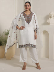 Off White Embroidered Straight Kurta Trousers With Dupatta Set
