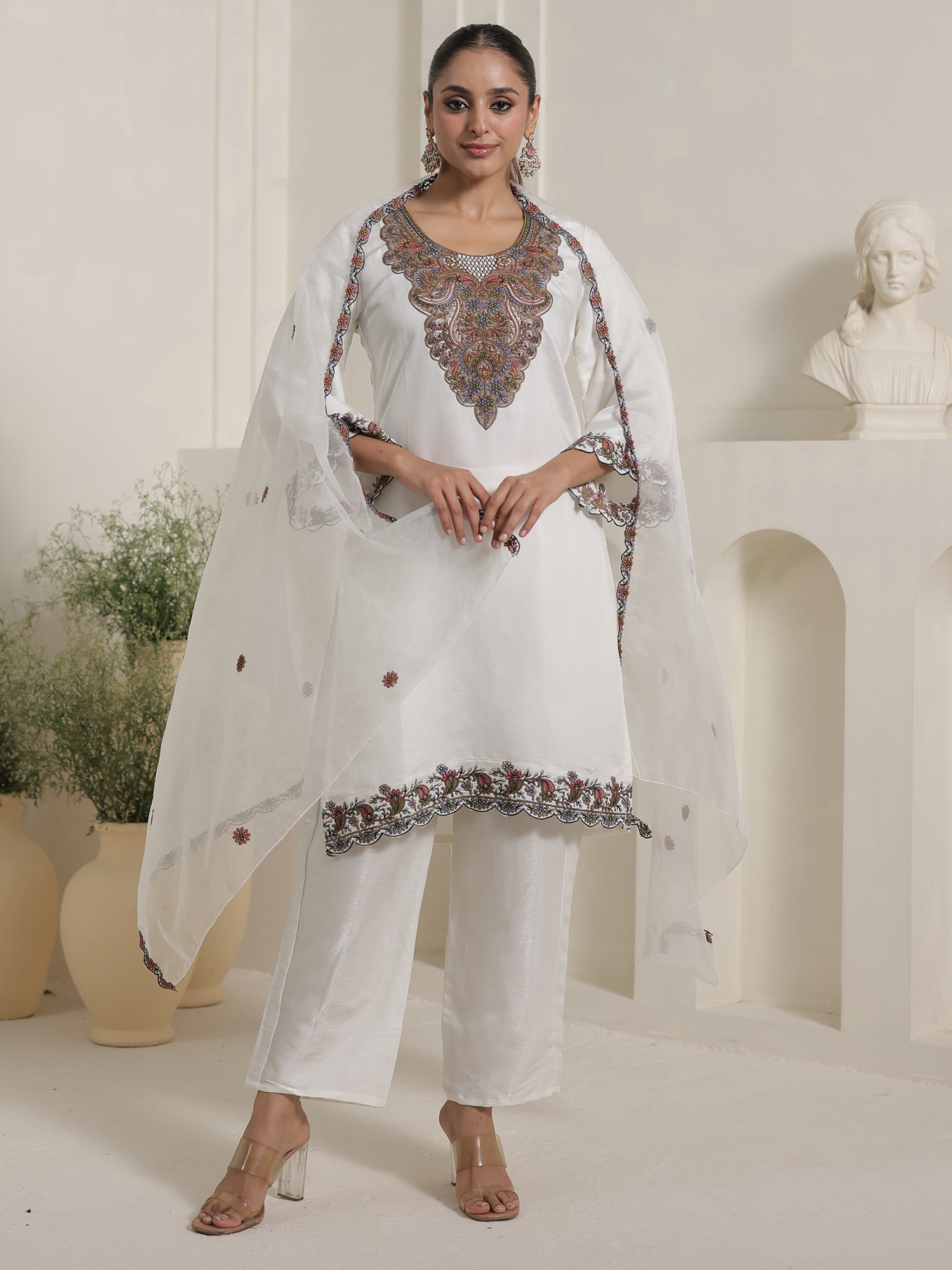 Off White Embroidered Straight Kurta Trousers With Dupatta Set