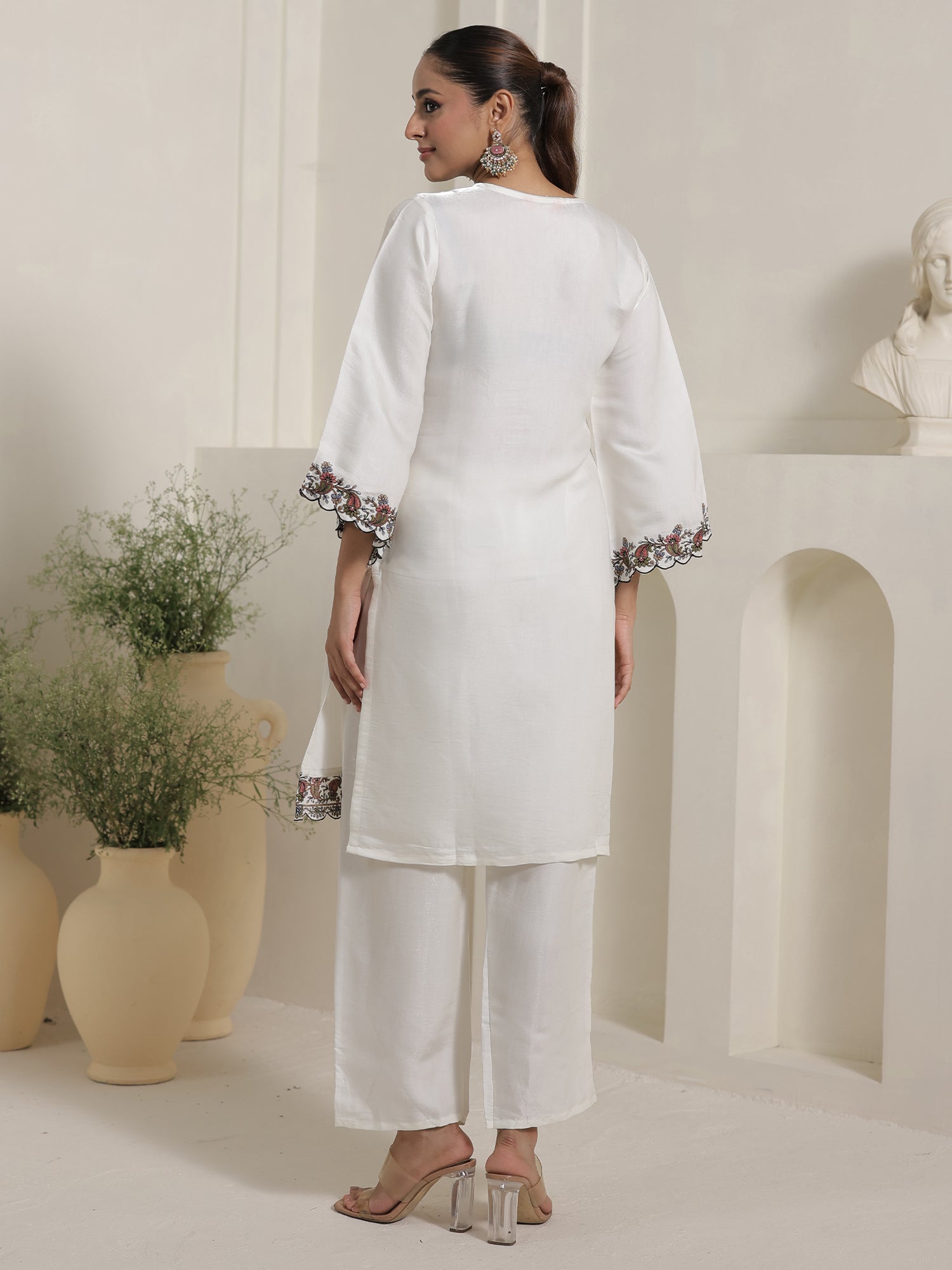 Off White Embroidered Straight Kurta Trousers With Dupatta Set
