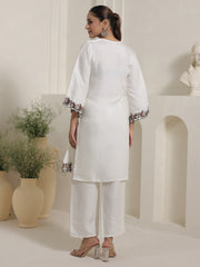 Off White Embroidered Straight Kurta Trousers With Dupatta Set