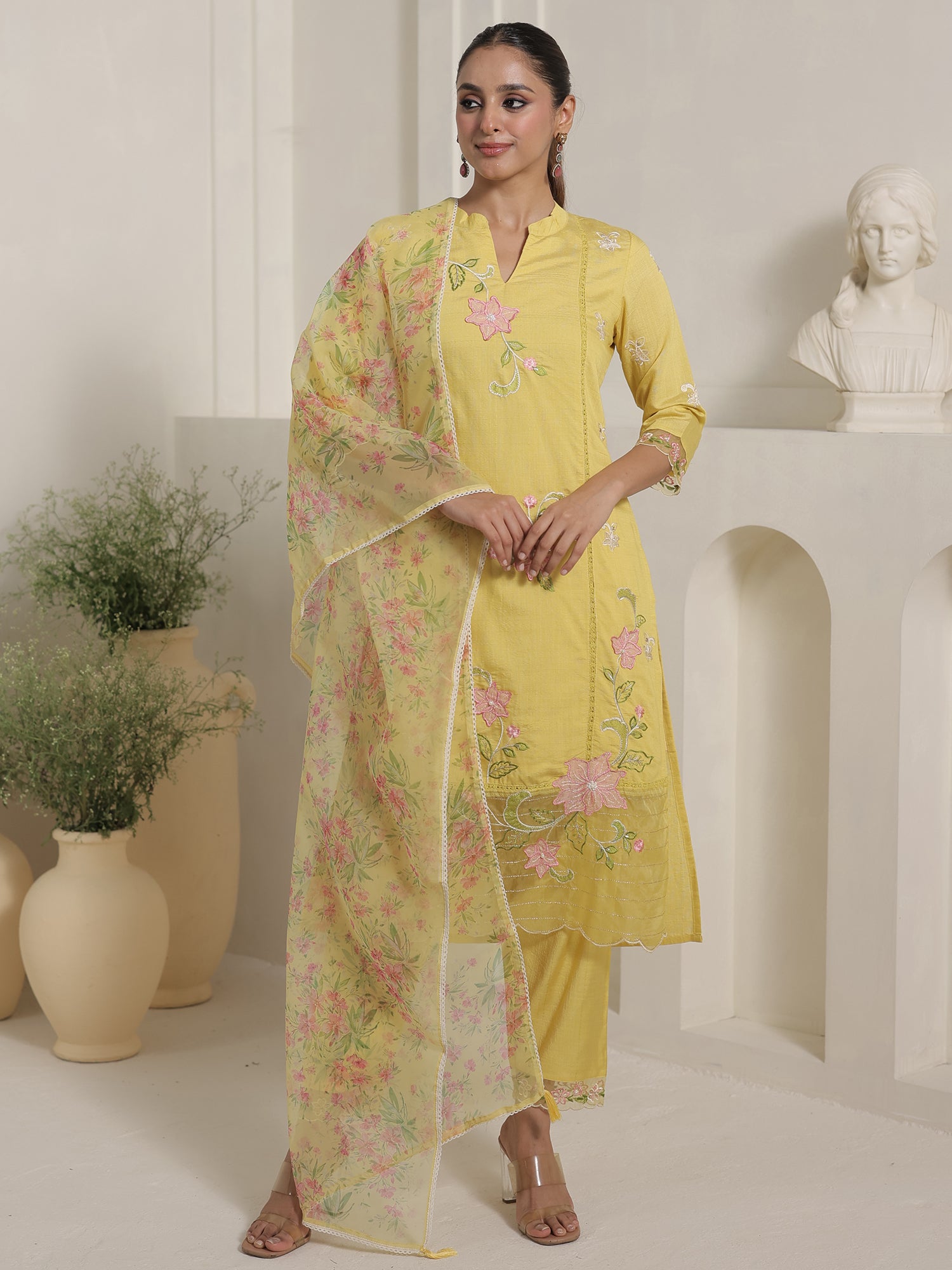 Yellow Embroidered Straight Kurta Trousers With Dupatta Set
