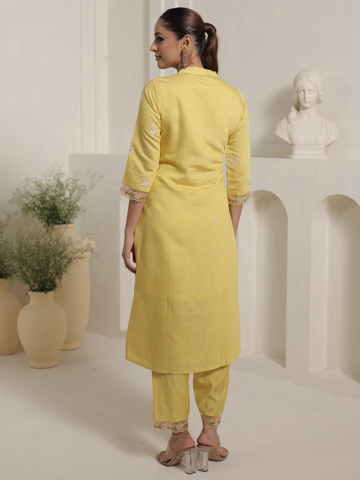 Yellow Embroidered Straight Kurta Trousers With Dupatta Set