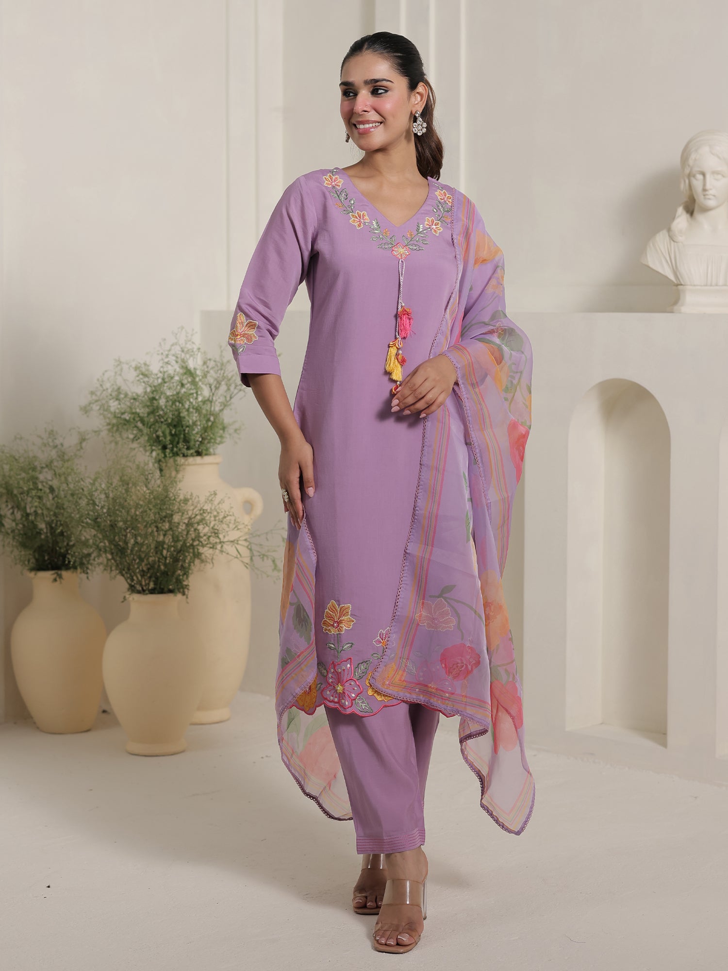 Lavender Embroidered Straight Kurta Trousers With Dupatta Set