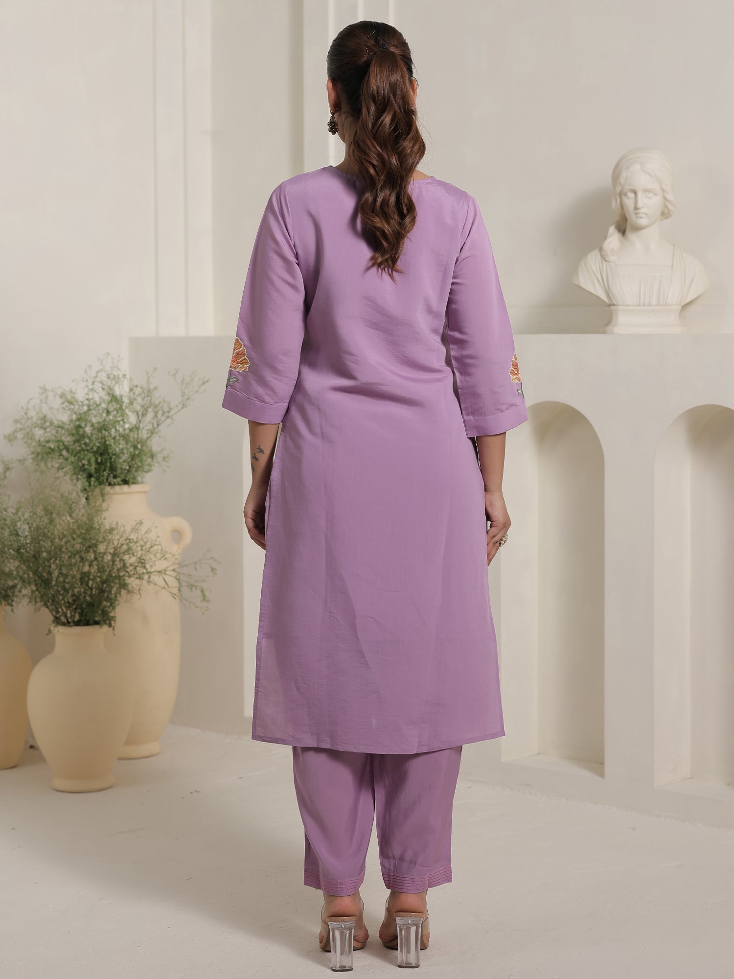 Lavender Embroidered Straight Kurta Trousers With Dupatta Set