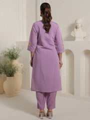 Lavender Embroidered Straight Kurta Trousers With Dupatta Set