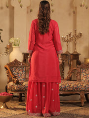 Pink Embroidered Straight Kurta Palazzos With Dupatta Set