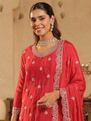 Pink Embroidered Straight Kurta Palazzos With Dupatta Set