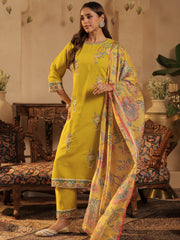 Yellow Embroidered Straight Kurta Trousers With Dupatta Set
