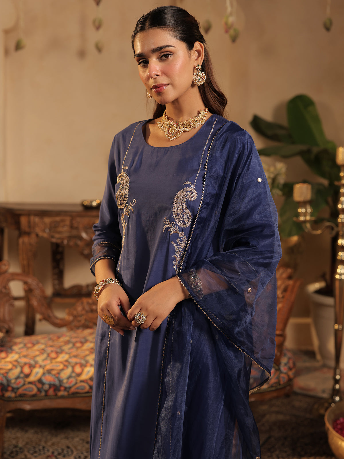 Blue Embroidered Straight Kurta Trousers With Dupatta Set-KH9BL11941
