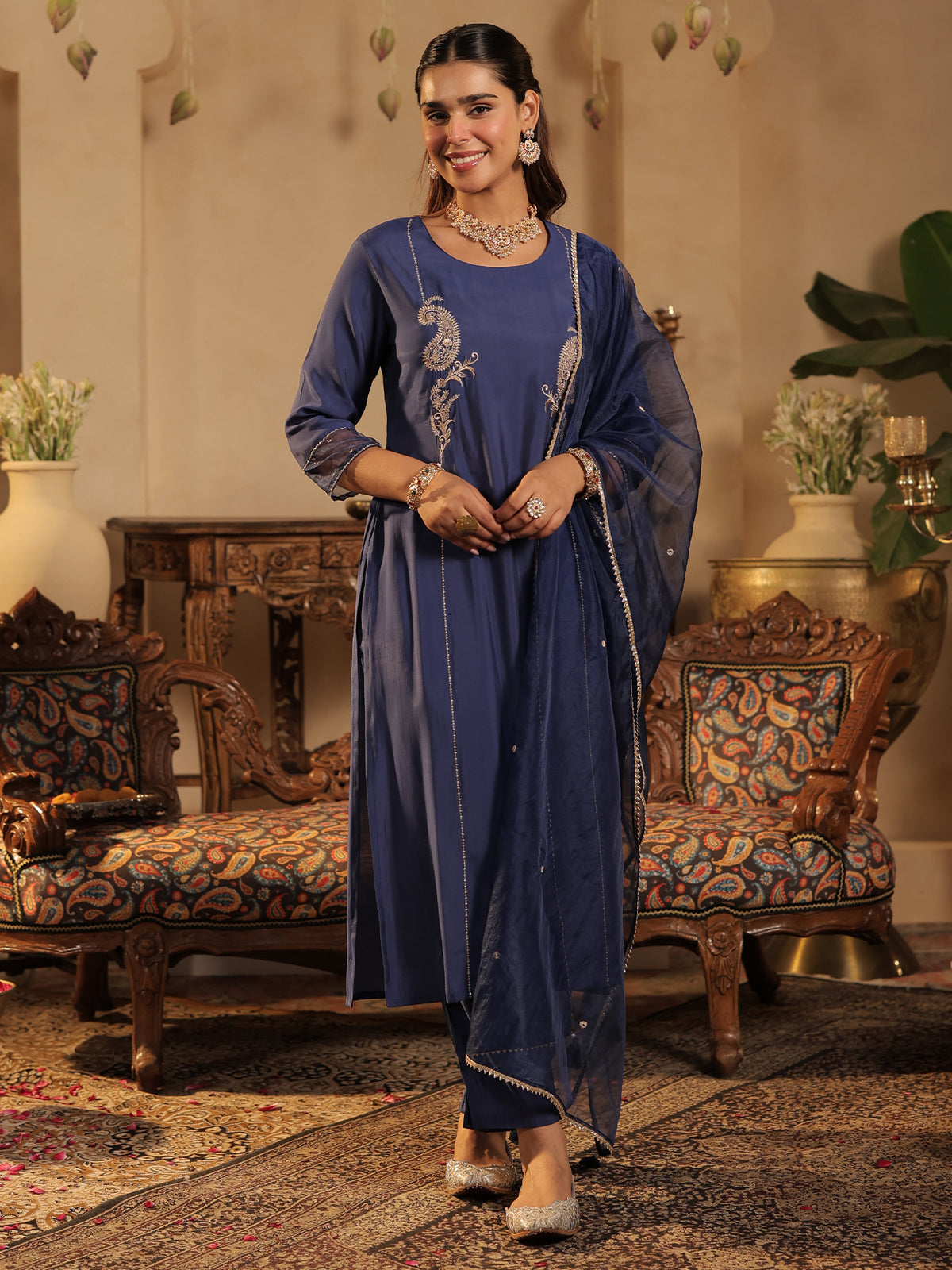 Blue Embroidered Straight Kurta Trousers With Dupatta Set-KH9BL11941