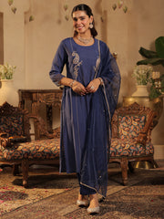 Blue Embroidered Straight Kurta Trousers With Dupatta Set