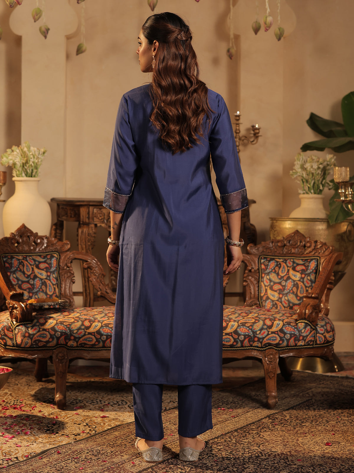 Blue Embroidered Straight Kurta Trousers With Dupatta Set-KH9BL11941