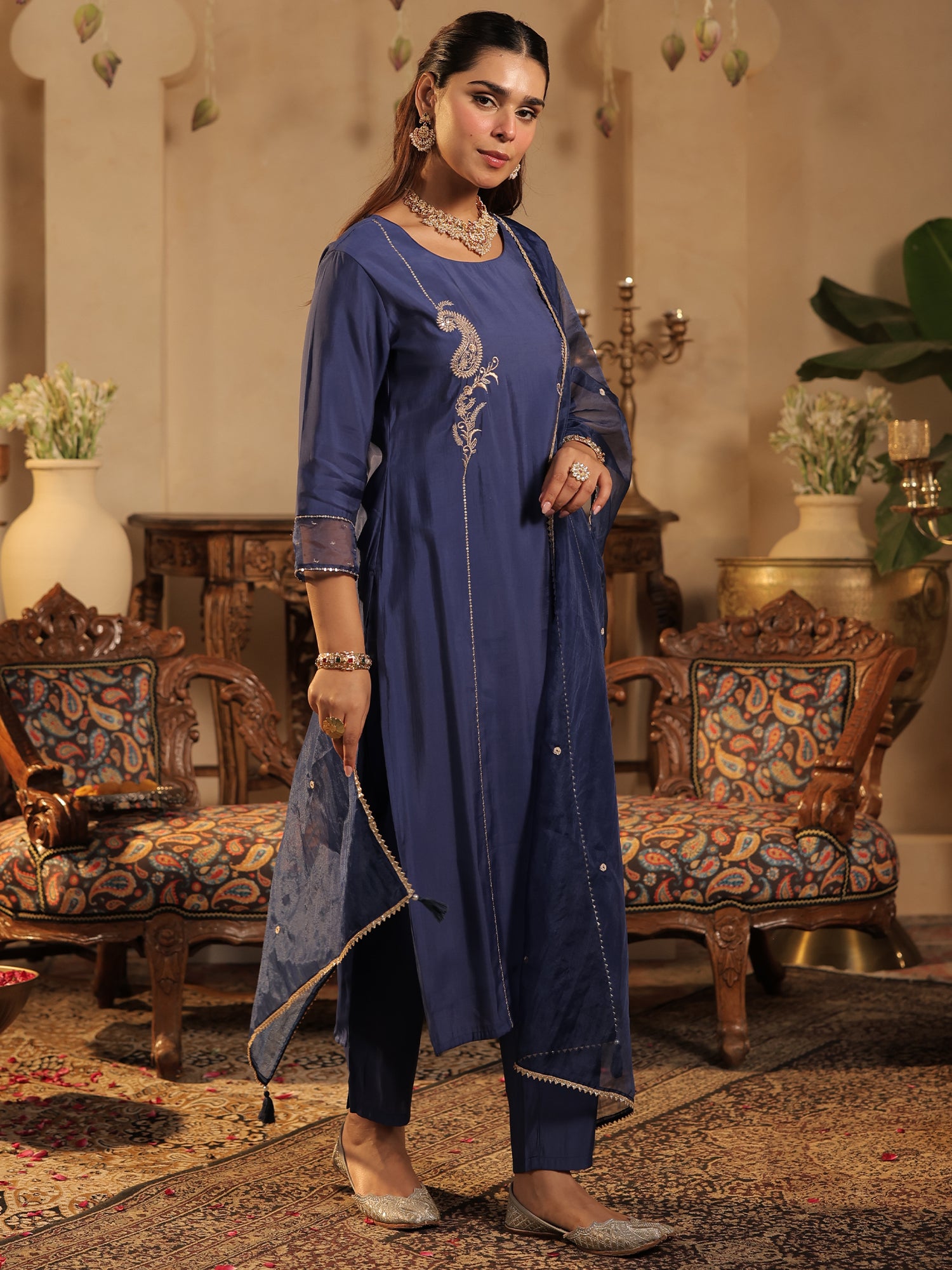 Blue Embroidered Straight Kurta Trousers With Dupatta Set