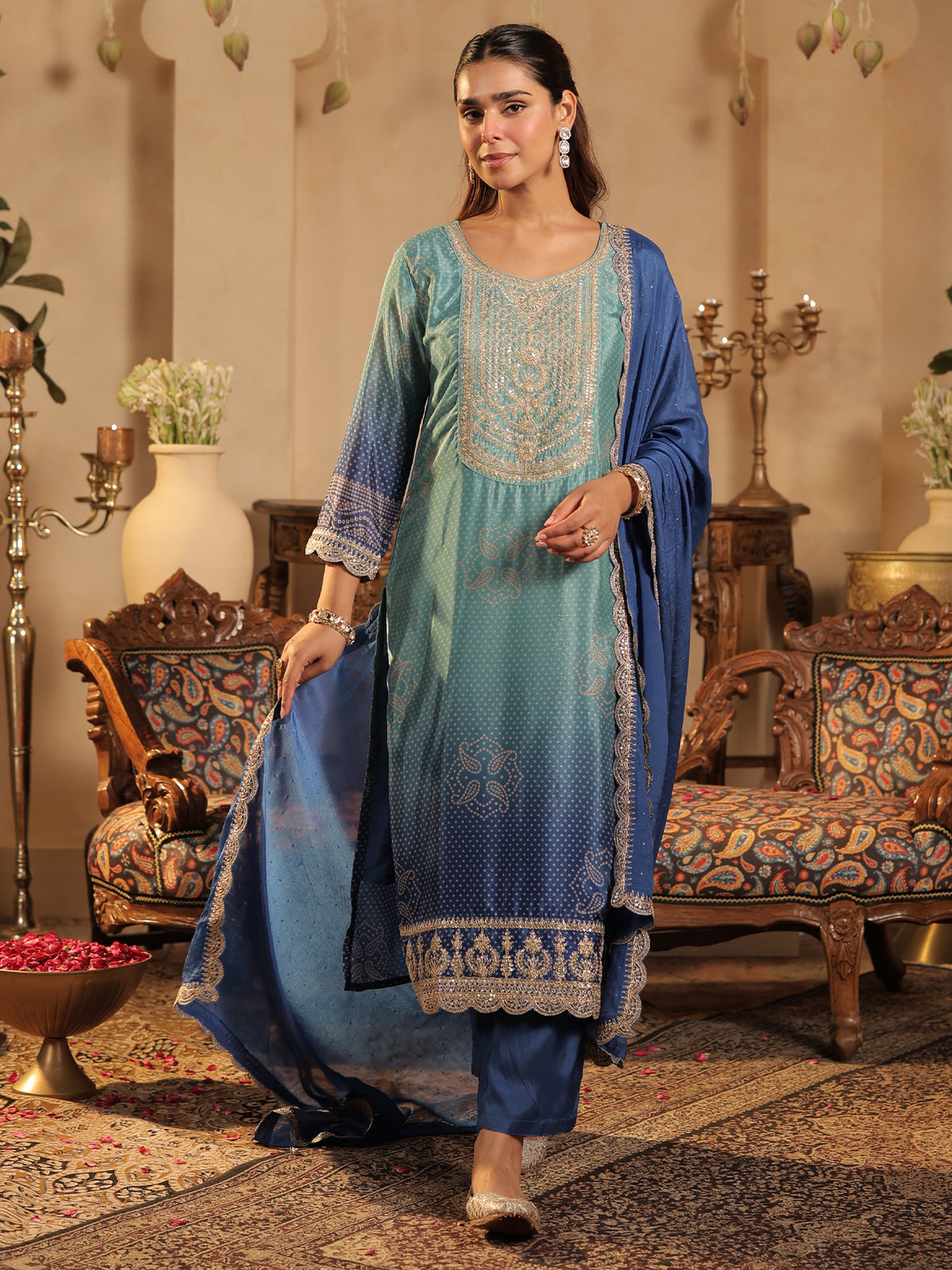 Sea Green Printed Straight Kurta Trousers With Dupatta set