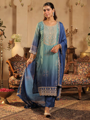 Sea Green Printed Straight Kurta Trousers With Dupatta set