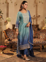 Sea Green Printed Straight Kurta Trousers With Dupatta set