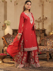 Maroon Embroidered Straight Kurta Palazzos With Dupatta Set