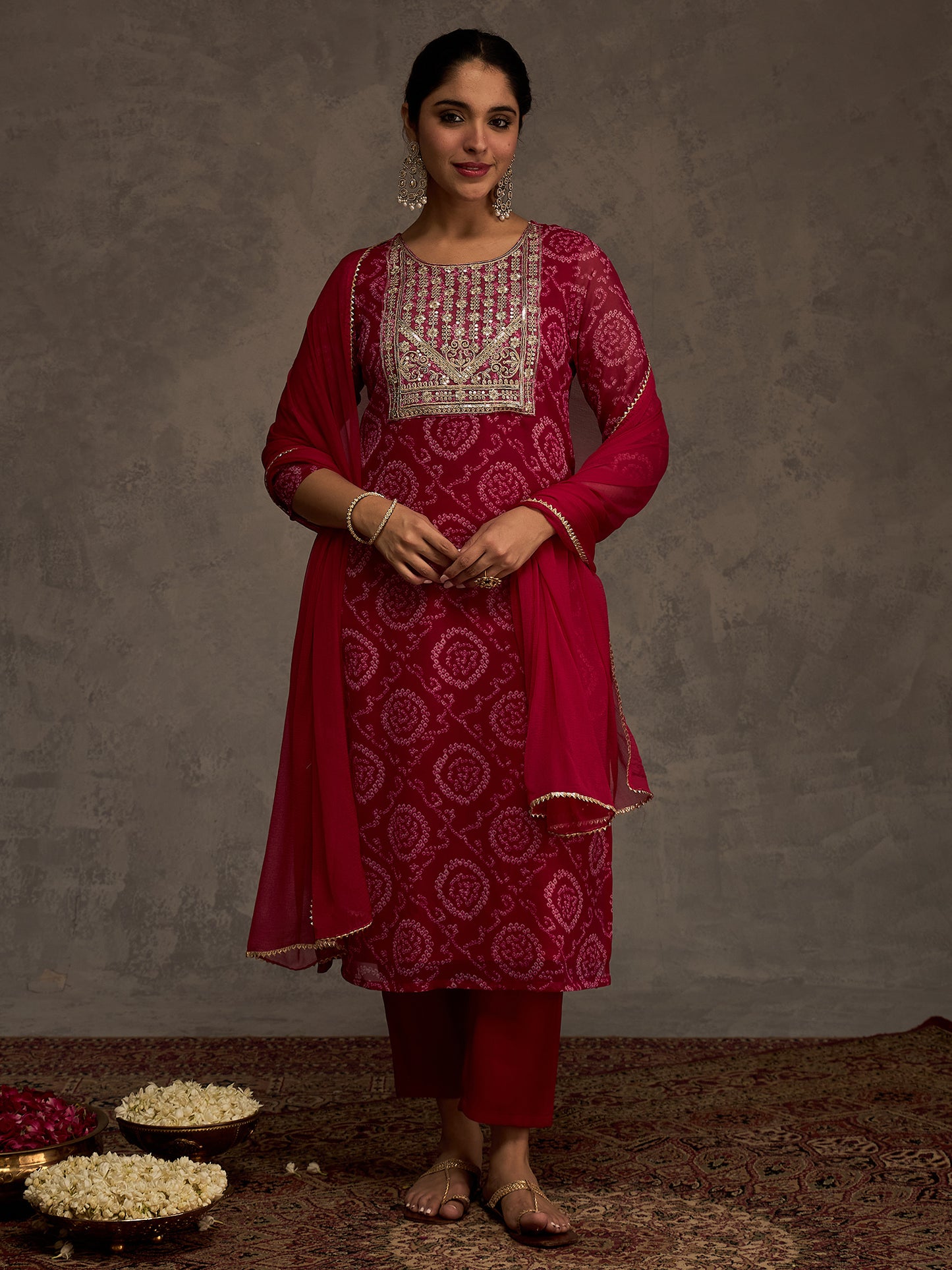 Pink Printed Straight Kurta Trousers With Dupatta set
